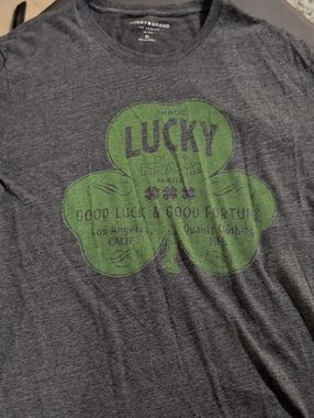 Lucky Brand Dark Gray Tee with Green Shamrock Graphic